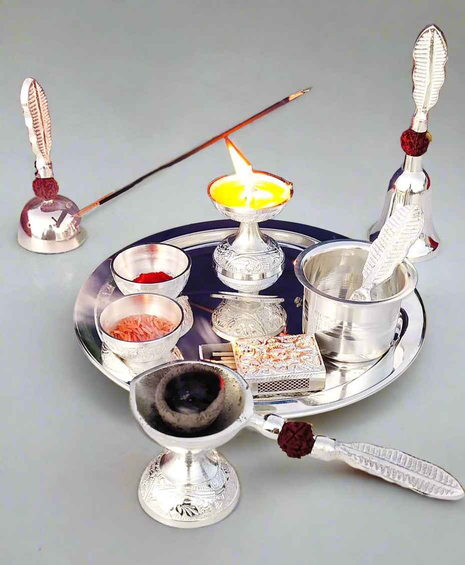 German Silver Rudraksha Pooja Set with om Design Thali